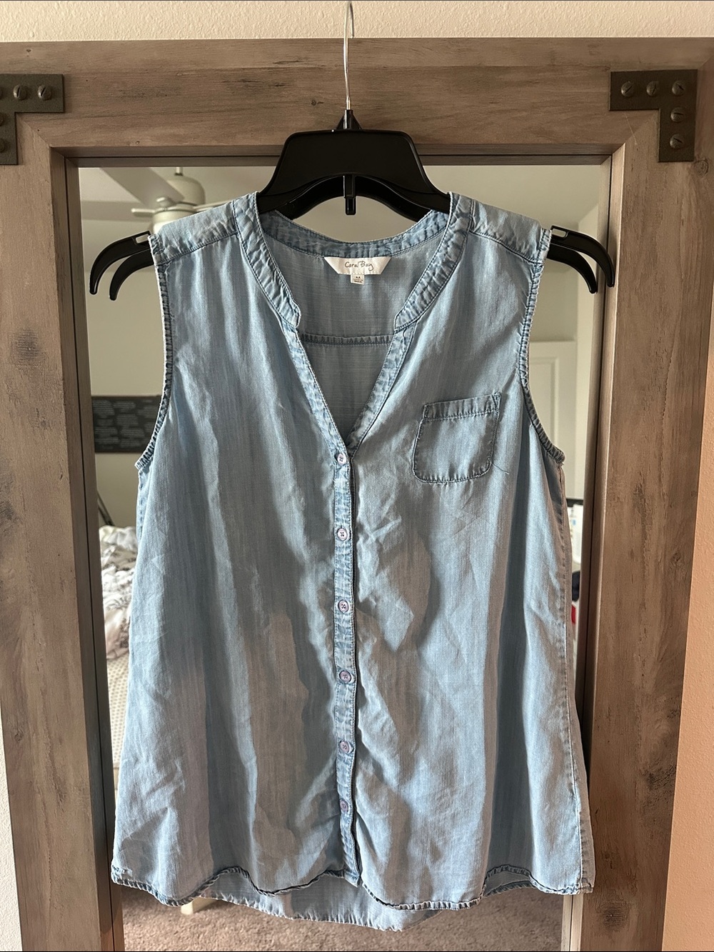 Coral Bay Light Blue Sleeveless Button-Front Chambray Top